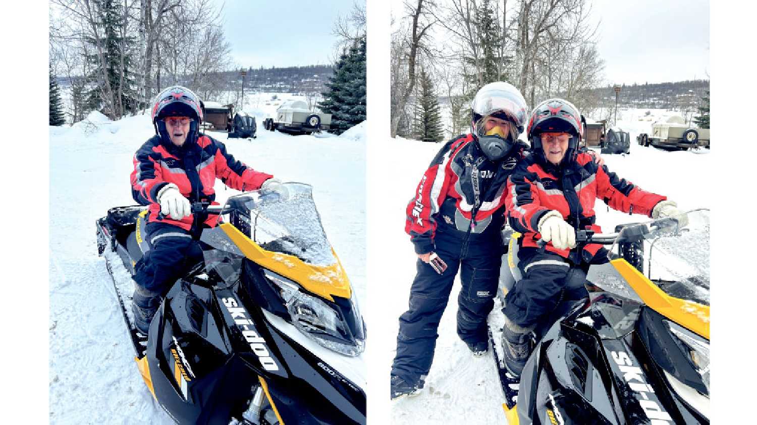 Left: At the age of 101, Basil John Holyer still enjoys short snowmobile rides on the trails and lake by White Bear First Nation. Right: Chris White, and her dad Basil John Holyer, enjoyed an afternoon out on the snowmobile Chris had just recently purchased. 